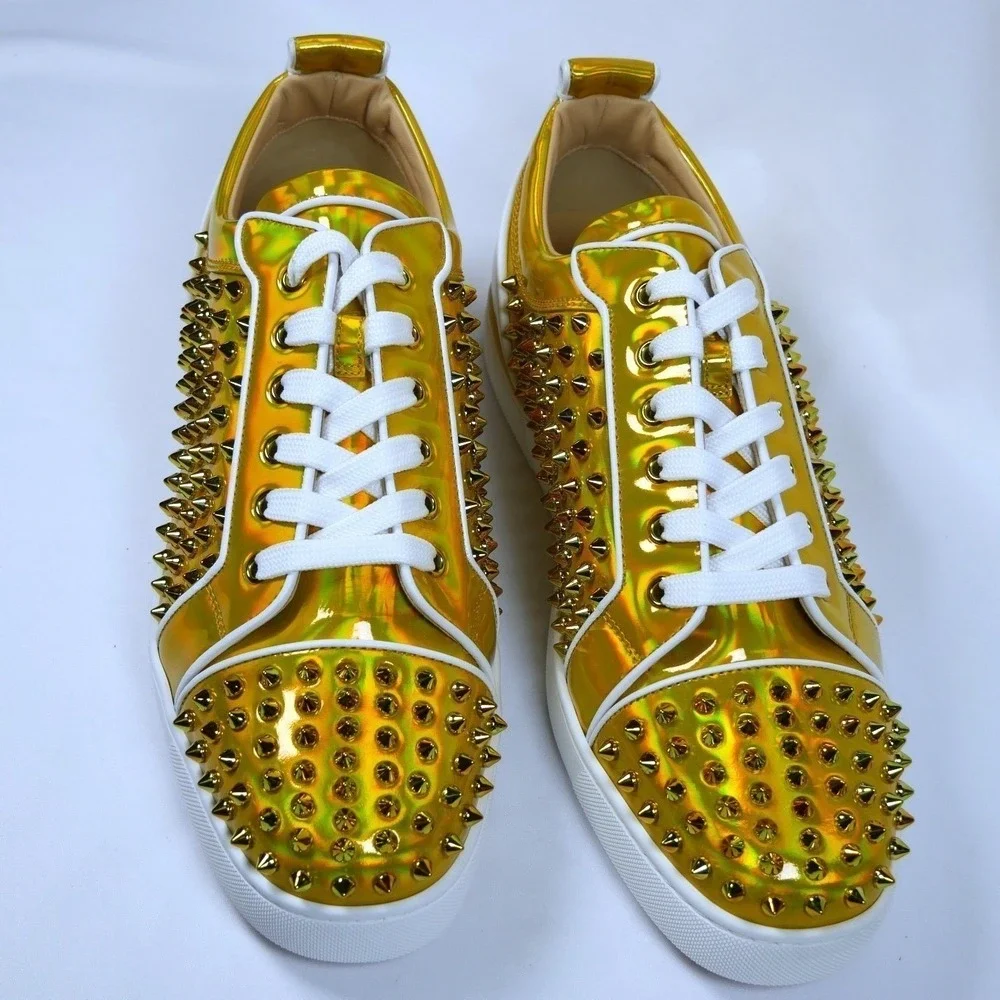 Christian Louboutin Louis Junior SpikesGold Holographic Low Top Sneaker Men 44.5
